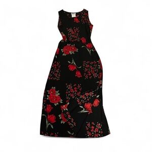 Black midi dress with red floral print